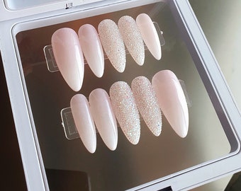 Ombre Crystal Press On Nails: Long Almond Rhinestone Bridal Nails (Size L)
