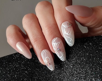 Hand-Painted Floral Wedding Press On Nails: Bridal Pink Nail Set
