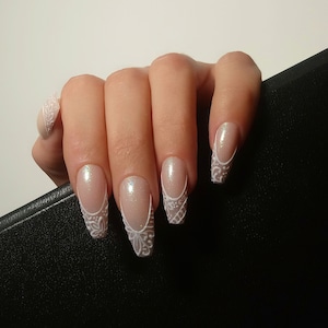 White Pink Press On Nail / Wedding Press On / French Fake Nail / False Nails / Fake nails / White French Nails / Full Cover False Nails image 1