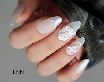 Floral Wedding Press On Nails: 3D White Bridal Nail Art