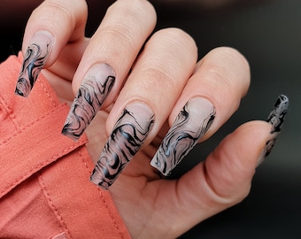 Handmade Black Swirl Press On Nails: Long Coffin Reusable Nails
