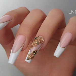 Handmade 3D Rose Press On Nails: Elegant Wedding Coffin Nails