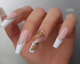 Handmade 3D Rose Press On Nails: Elegant Wedding Coffin Nails