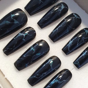Black Marble Press on Nails, Black nails, Press On Nails, Black Marble Nails, Coffin Nails, Marble Nails, Glue on Fake,Gift For Her
