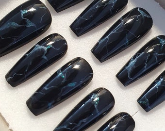 Black Marble Coffin Press On Nails: Hand-Painted Glue-On Fake Nails
