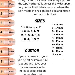 Op de afbeelding: Een nagelmatengids met genummerde nagelillustraties en millimeter metingen. De tabel toont maten van 9 mm tot 18 mm, met opties zoals XS, S, M en L. Instructies worden gegeven voor aangepaste maten.