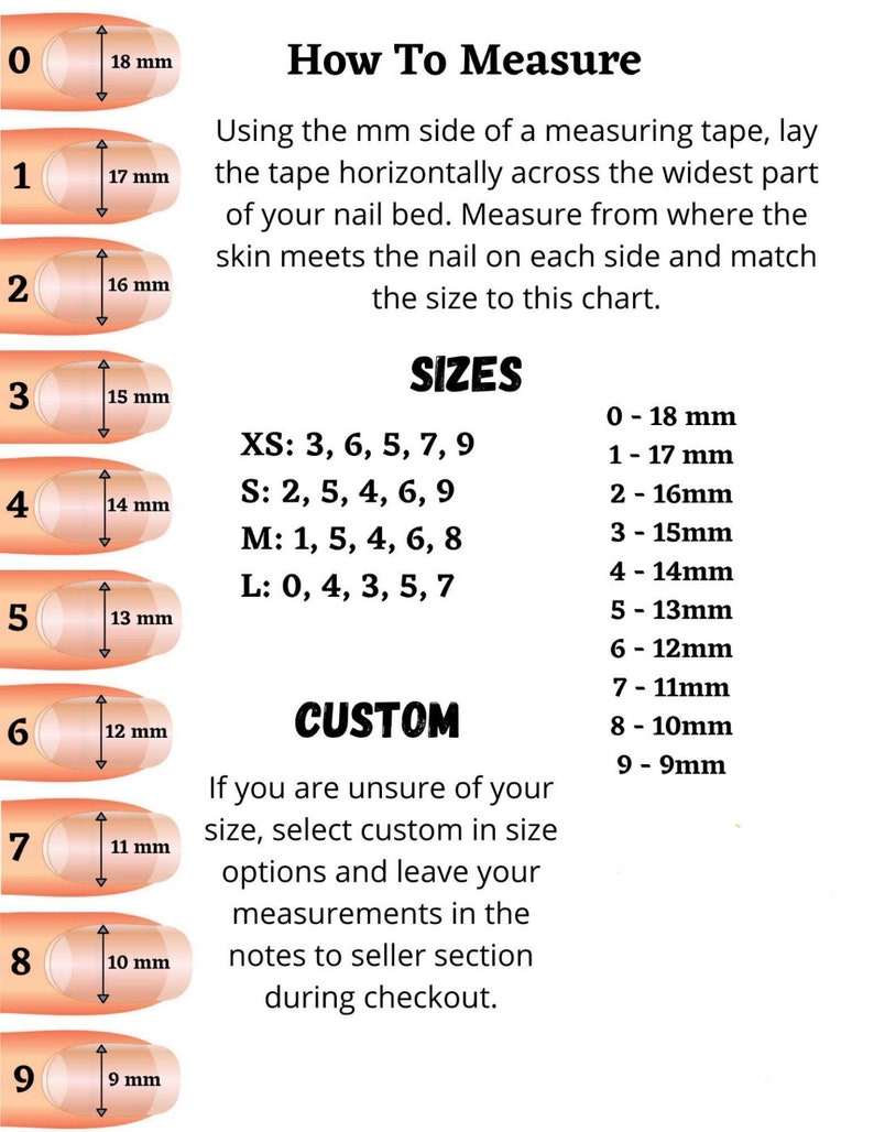 Op de afbeelding: Een nagelmatengids met genummerde nagelillustraties en millimeter metingen. De tabel toont maten van 9 mm tot 18 mm, met opties zoals XS, S, M en L. Instructies worden gegeven voor aangepaste maten.