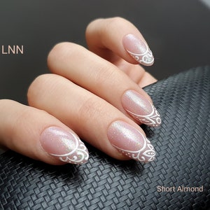 White Pink Press On Nail / Wedding Press On / French Fake Nail / False Nails / Fake nails / White French Nails / Full Cover False Nails image 4