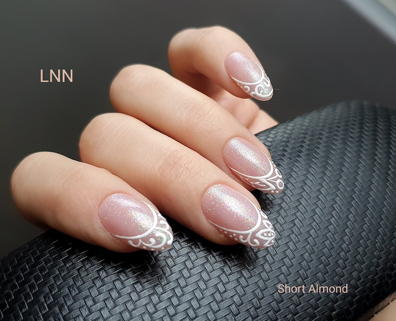 White Pink Press On Nail / Wedding Press On / French Fake Nail / False Nails / Fake nails / White French Nails / Full Cover False Nails image 4