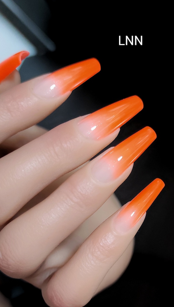Neon Orange Ombre Nails Glue on Fake Gift for Her Long