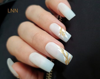 Handpainted White Press On Nails: Wedding Bridal Nails with Gold Floral Accent