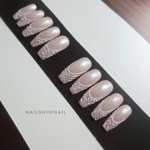 White Pink Press On Nail / Wedding Press On / French Fake Nail / False Nails / Fake nails / White French Nails / Full Cover False Nails image 5