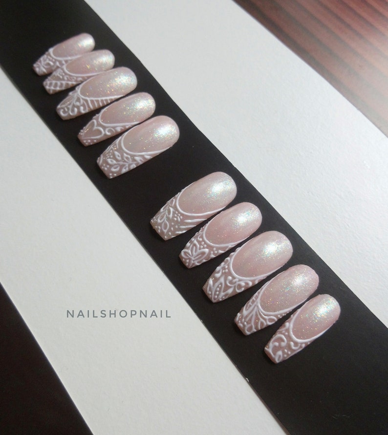 White Pink Press On Nail / Wedding Press On / French Fake Nail / False Nails / Fake nails / White French Nails / Full Cover False Nails image 5