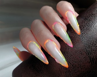 Handmade Milky White Press On Nails: Summer Neon Edge