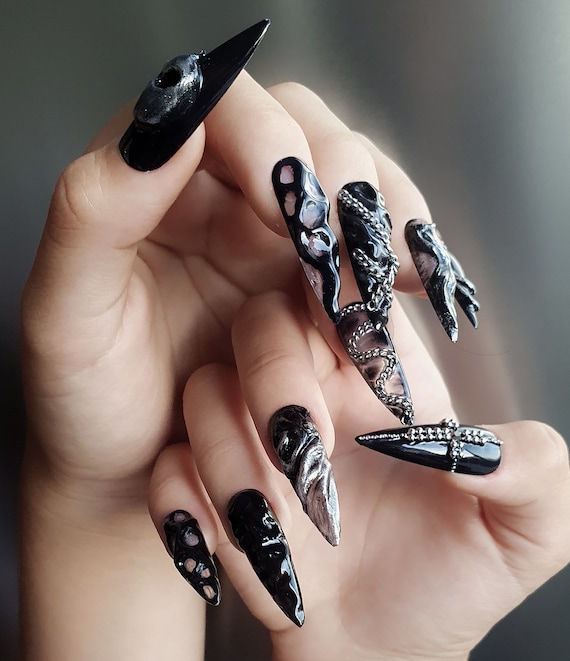 GetUSCart- Press on Nails Medium Coffin Glamermaid, Black Gothic Evil Eye  Acrylic Fake Nails with Design Glue on Nails Reusable Fake Nail Tips Glossy  Finish 24 Pcs Manicure Art Set with 48