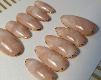 Pink beige nude nails/ Nude press on nails/ Tan press on nails/ /Beige Nails/ Middle Oval presed on/ Beige marble nails/ Nude gold nails