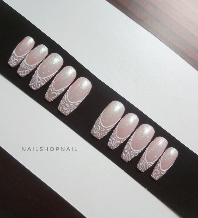 White Pink Press On Nail / Wedding Press On / French Fake Nail / False Nails / Fake nails / White French Nails / Full Cover False Nails image 6