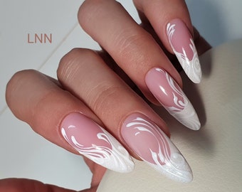 Floral Wedding Press On Nails: Handpainted Pink Coffin Nails