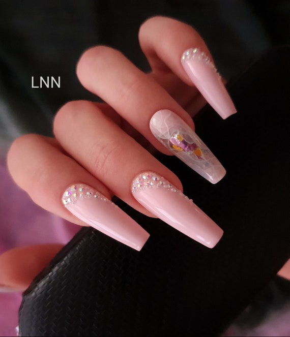 pink nails with rhinestones