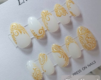 Press on Nails, Wedding nails, Press On Nails, Milky White Nails, Coffin Nails, Golden Lace Nails, Glue on Fake,Gift For Her