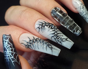 Gothic Centipede Press On Nails: 3D Silver Black Fake Nails