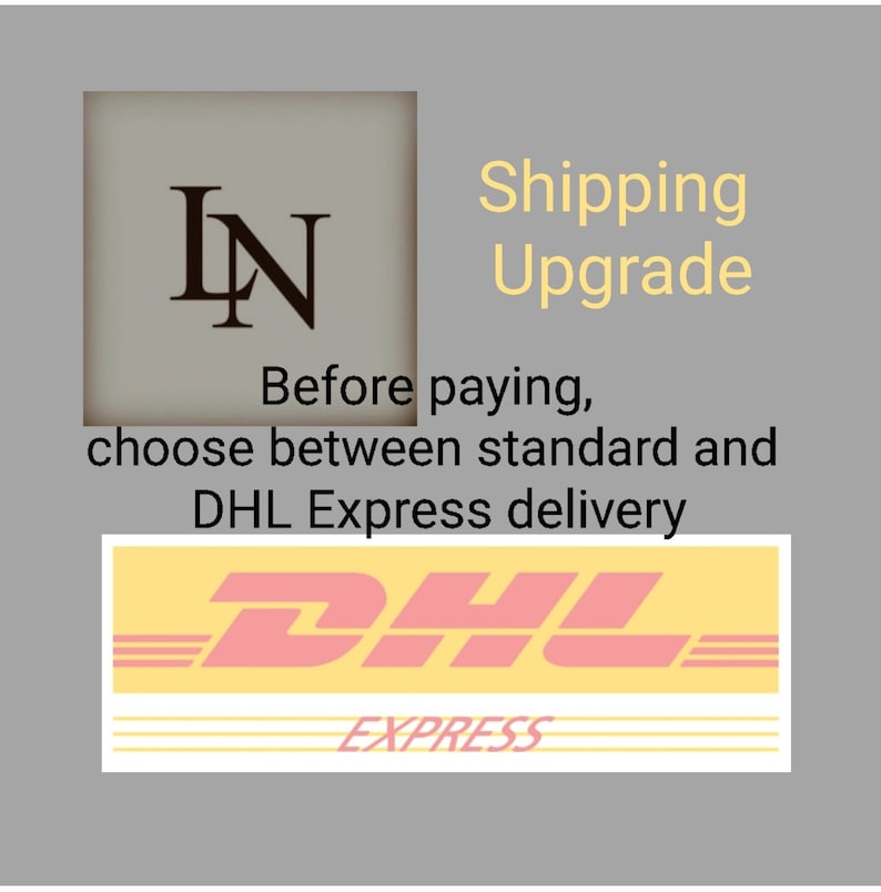 Op de afbeelding: Afbeelding met tekst: "Shipping Upgrade" en "DHL Express delivery". Een logo met de letters "IN" staat in de linkerbovenhoek. Het DHL-logo staat in het midden onderaan. De tekst adviseert te kiezen tussen standaard en DHL Express levering.