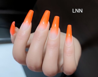 Neon Orange Ombre Press On Nails: Long Coffin, Glue On