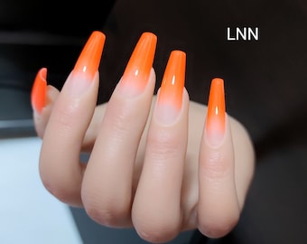 Neon orange ombre nails / Glue on Fake / Gift For Her / Long coffin press on nails / Neon ombre nails / Cute nails / Sunkised orange neon