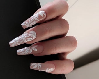 Hand-Painted Floral Wedding Press On Nails