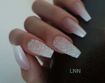 Ongles Ombre, Sparkle Nails, Bling Press on Nails, Diamond Nails, Strass Nails, Crystal Nails, Wedding Press On Nails, Bridal Nails