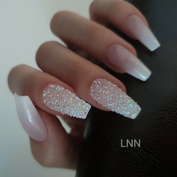 Ongles Ombre, Sparkle Nails, Bling Press on Nails, Diamond Nails, Strass Nails, Crystal Nails, Wedding Press On Nails, Bridal Nails