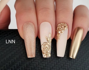 Press on Nails, Nude press on nails, Press Ons, Floral Nails, Gold Roses Nails, Bridal Nails, Wedding Nails, Glue on Fake,Gift For Her