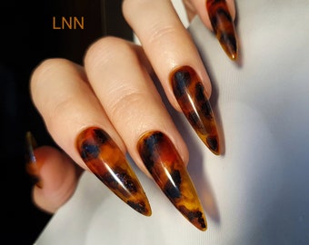 Handpainted Amber Stiletto Press On Nails: Long Fake Nails