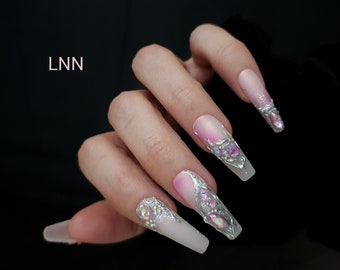 Pink Ombre Press on Nails Long Coffin Nails Glitter Sparkle Press On Nails Nude nails Glue on Fake Pink nails Pressons Gift For Her