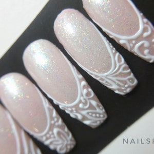 White Pink Press On Nail / Wedding Press On / French Fake Nail / False Nails / Fake nails / White French Nails / Full Cover False Nails image 2