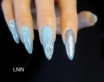Blue Aquamarine Press On Nails: Floral Stiletto, Handpainted