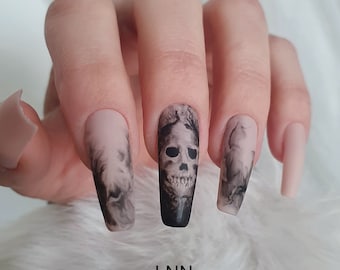 Gothic Press auf Nägeln, Gothic Press auf Nägeln, Dark Gothic Nägel,Gothic Fake Nails,Geschenk für Sie,Handbemalte Nägel,Scull Nägel,Schwarze Matte Nägel