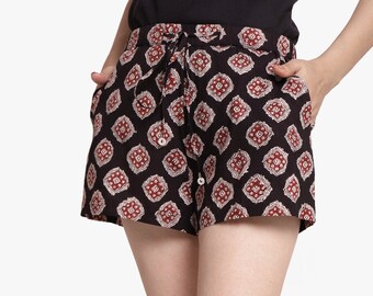 Black Cotton Bagru Printed Shorts, Block Printed Boxers, Geometric Pattern Elasticated Shorts, Customizable Shorts with Pockets