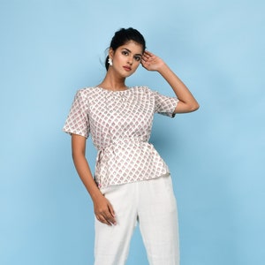 White 100% Cotton Block Print Top, Customizable Top for Women, A-Line Relaxed Fit Top, Round Neck Top, Plus Size, Petite, Tall etsw