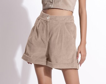 Dusk Beige 100% Cotton Corduroy Shorts, Customizable Shorts, High-Rise Shorts, Pleated Shorts with Pockets, Plus Size, Petite, Tall etsw