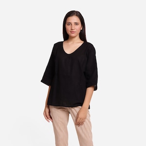 Solid Loose Fit Top, U-Neck Top, Drop Shoulder Top, Cotton Flax Top, High-Low Top, Customizable Top, Plus Size, Petite, Tall cw etsw
