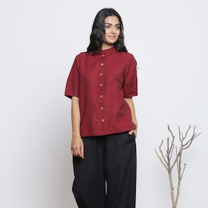 Maroon 100% Cotton Straight Top, Customizable Top for Women, Button Down Comfort Fit Top Half Sleeve etsw