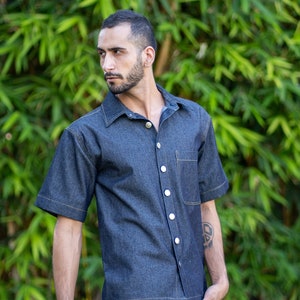 Indigo Denim Shirt for Men, 100% Cotton Men&#39;s Shirt, Patch Pocket, Party Shirt, Tailormade, Half Sleeve, Evening Shirt, Vacation, Casual