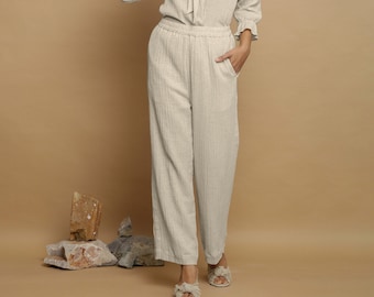 Pantalones crudos, pantalones de lino de algodón arrugado, pantalones elásticos, pantalones sólidos, pantalones con bolsillos, pantalones personalizables, talla grande, pequeña, alta