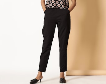 Black Tapered Pant, Customizable Half Elasticated Pant, Cotton Flax Pant with Pockets, High-Rise Slim Fit Pant, Plus Size, Petite, Tall etsw