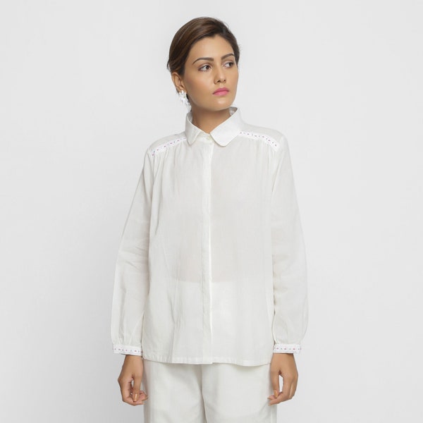 Chemise en coton biologique blanc, haut personnalisable, haut boutonné à manches complètes, haut Peter Pan, haut à manches décontractées, taille plus, petite, grand etsw