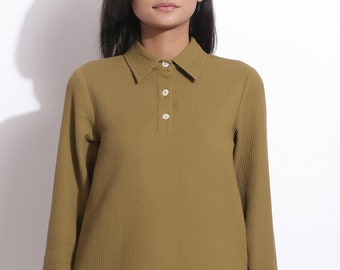 Olive Green Polo Shirt, Cotton Waffle Shirt Top, Relaxed Fit Honeycomb Shirt cw etsw