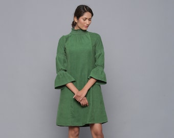 100% Cotton Corduroy Short Dress, High Neck Dress, Gathered Sleeves Dress, Paneled Shift Dress with Pockets, Plus Size, Petite, Tall etsw