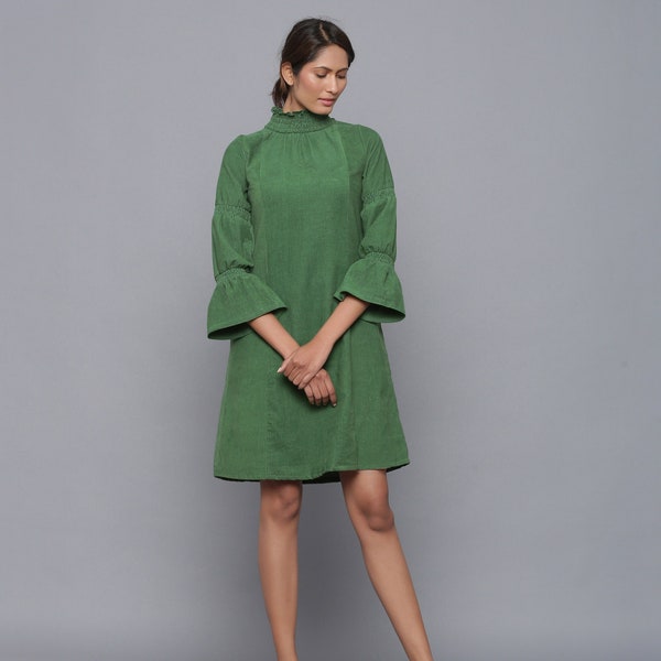 100% Cotton Corduroy Short Dress, High Neck Dress, Gathered Sleeves Dress, Paneled Shift Dress with Pockets, Plus Size, Petite, Tall etsw