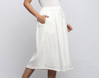 Gebroken witte 100% katoen uitlopende midi rok, aanpasbare rok, mid-rise rok met zakken, rok met trekkoord, plus size, petite, hoog etsw